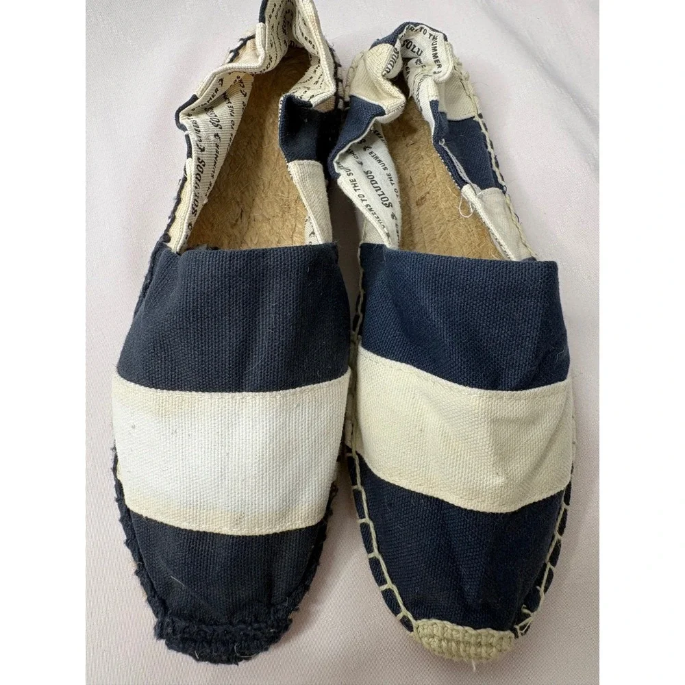 SOLUDOS Womens Navy White Striped Canvas Espadrille Flats Sz 36 Slip On Nautical